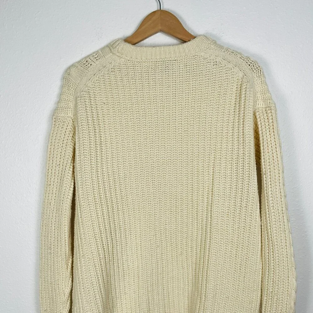 JCREW Cream Oversize Wool Blend Cable knit Fringe Asymmetrical Sweater Size: XS